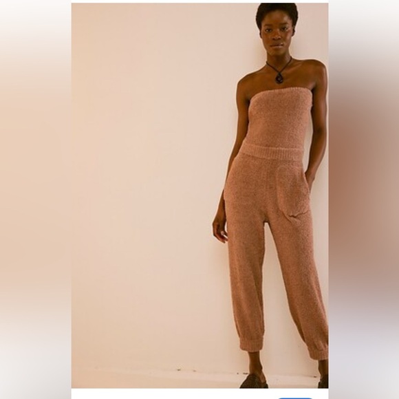 Free people terry cloth strapless tan Claire jumpsuit nwot large - Picture 1 of 3